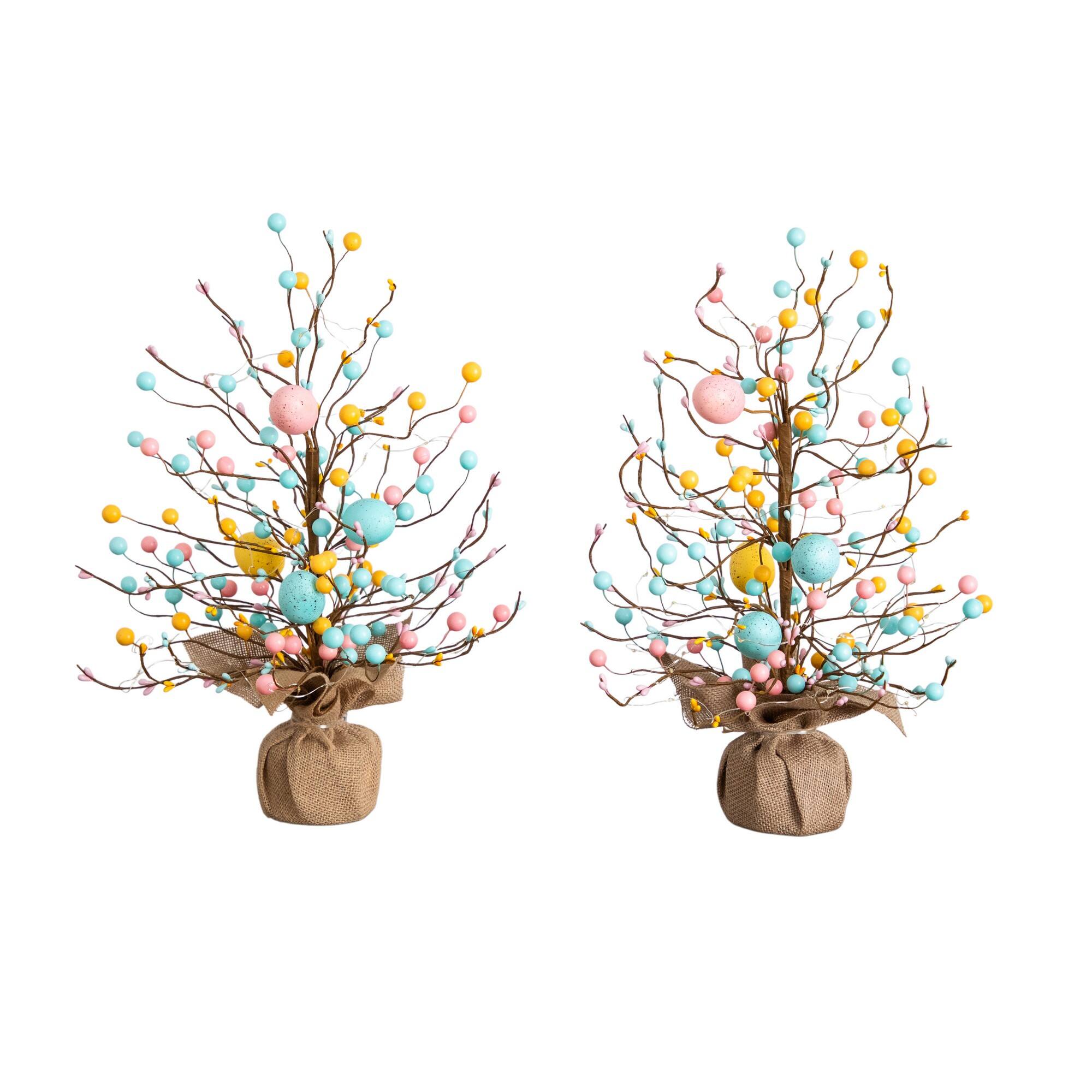 18" Pre-Lit Artificial Easter Egg Twig Tree with 30 LED Lights in Burlap Wrapped Base - Set of 2